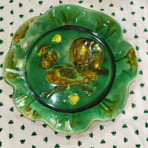 Rooster Dish Green Yellow Glaze Ceramic Signed Ruth Butler Scalloped Rim